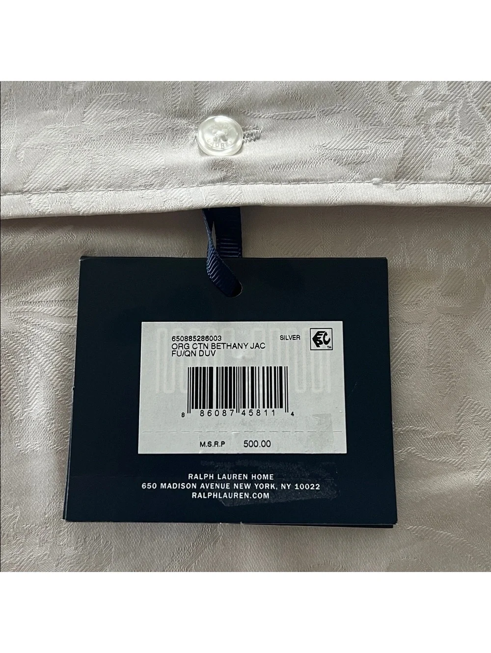 Ralph Lauren Home Organic Cotton Bethany Jacquard Silver Queen Duvet Cover, NWT